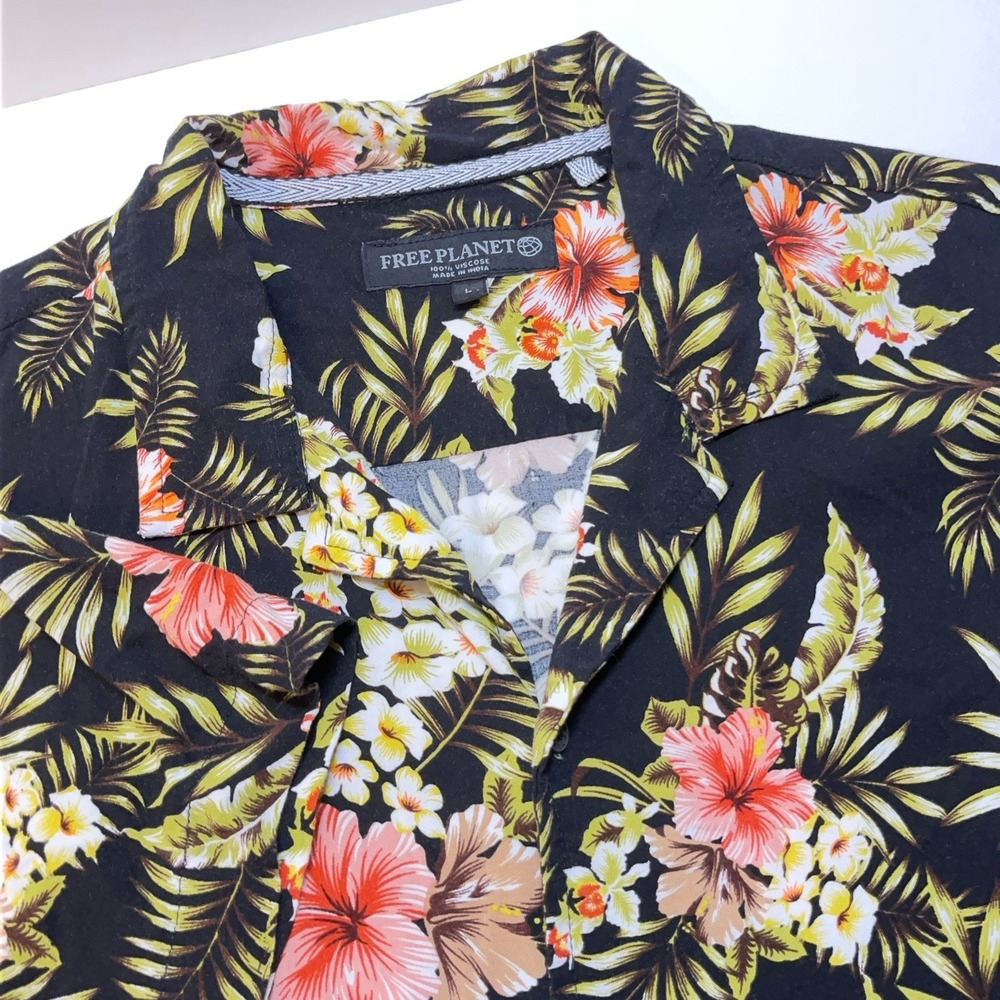 Free Planet Mens L Shirt Surf Hawaiian Button Down‎ Black Breathable Casual Soft